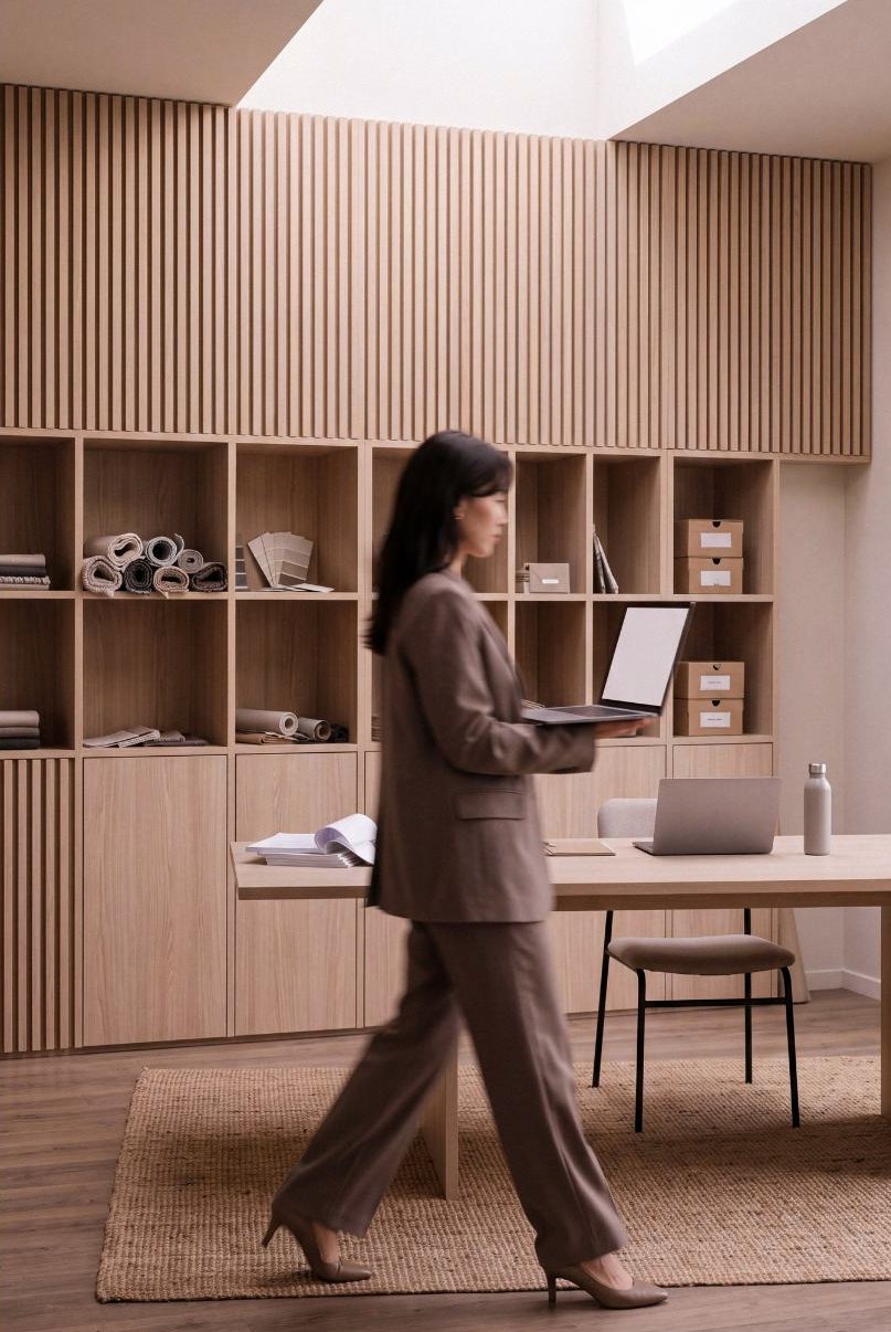 Profissional caminhando por um escritório claro com o notebook nas mãos
